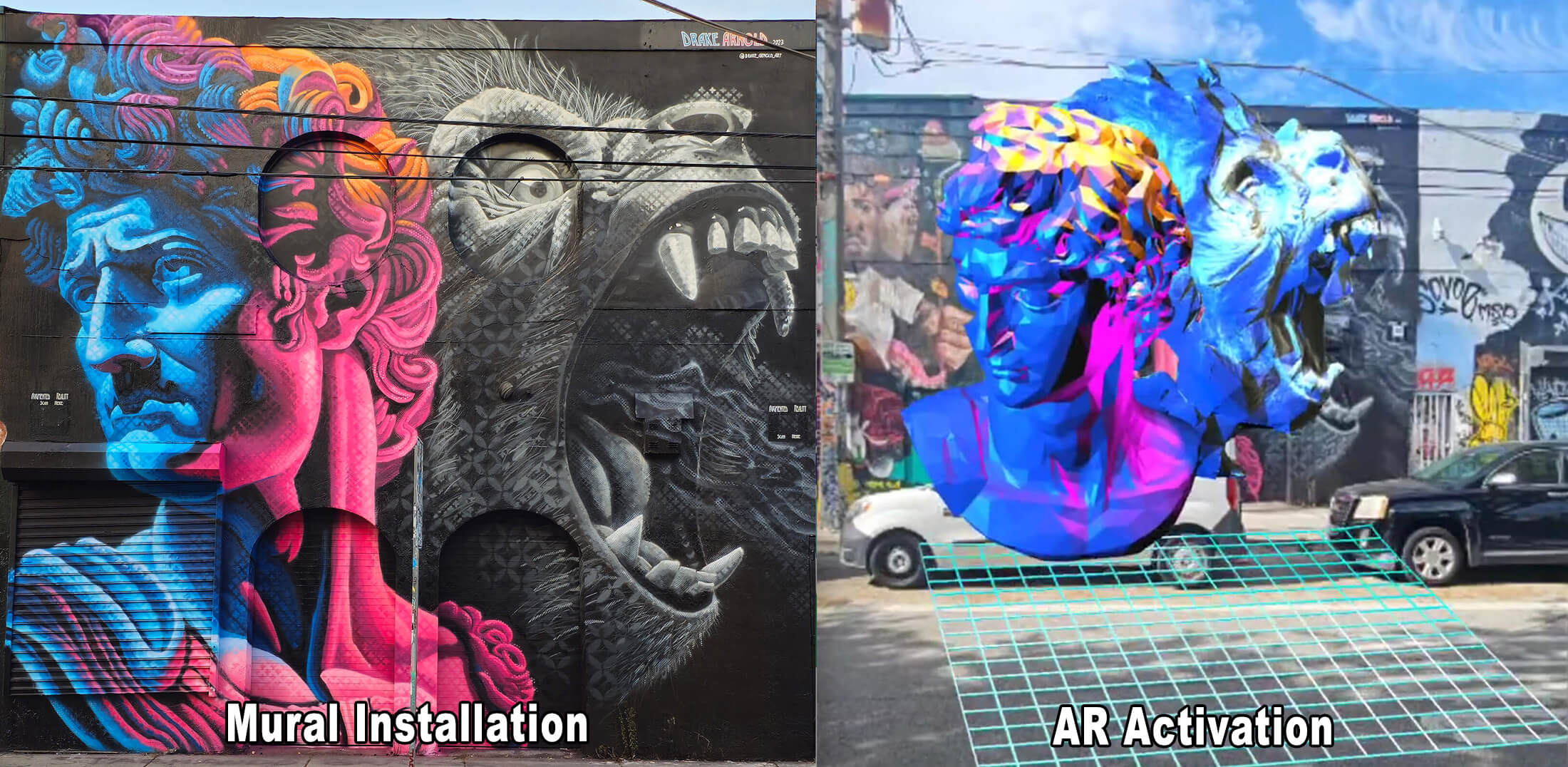 a mural on the left and the AR activation of the mural on the right