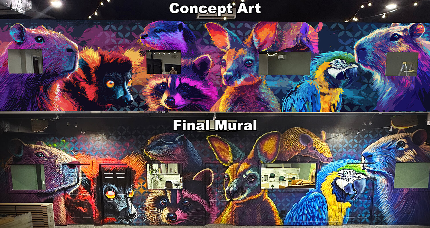Before and After of a mural design and the final mural beside each other